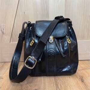 Marino Orlandi Black Leather Drawstring Backpack with Gold Hardware